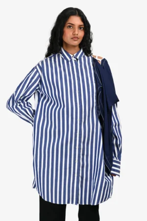 Sacai Blue/White Striped Navy Silk Drape Detail Button Down Shirt Dress Size 2