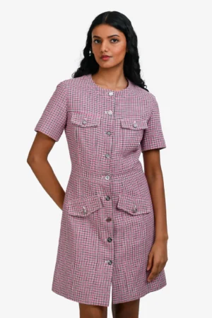 Maje Pink/Black Houndstooth Patterned Short Sleeve Mini Dress Size 38