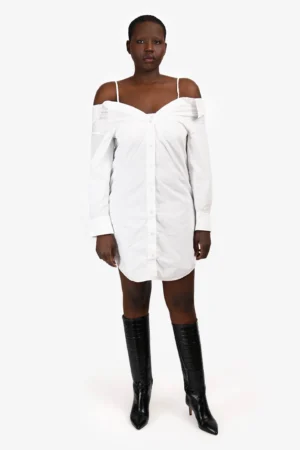 T by Alexander Wang White Cotton V-Neck Off-Shoulder Shirt Mini Dress Size 10