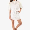 Frame White Inset Lace Puff Sleeve Dress with Waist Tie Size S