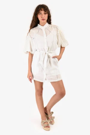 Frame White Inset Lace Puff Sleeve Dress with Waist Tie Size S