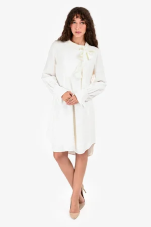Chloe White Satin Ruffle Tie Detail Long Sleeves Dress Size 34