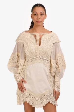 Zimmermann Cream Linen/Silk Embroidered Long Sleeve Short Dress Size 3