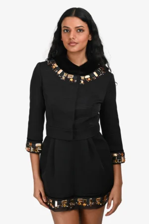 D&G Dolce & Gabbana Black Velvet Collar Embellished Trim Cropped Jacket Size 38
