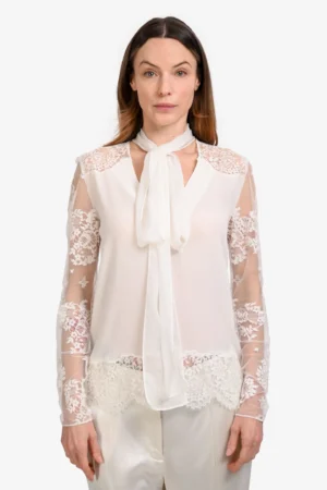 Faith Connexion White Silk Lace Detail Long Sleeve Scarf Detail Blouse Size XS