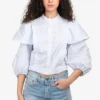 Sandro White/Blue Stripped Puffy Sleeves Cropped Button Up Shirt Size L