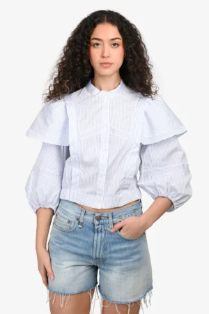 Sandro White/Blue Stripped Puffy Sleeves Cropped Button Up Shirt Size L