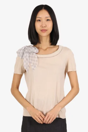 Louis Vuitton Cream Knit Short Sleeve Top With Silk Damier Scarf Size S